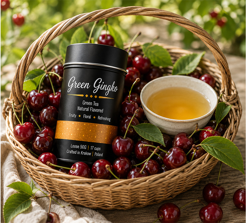 Green Gingko Leo Tea – zielona herbata Sencha z wiśnią, hibiskusem, różą i miłorzębem